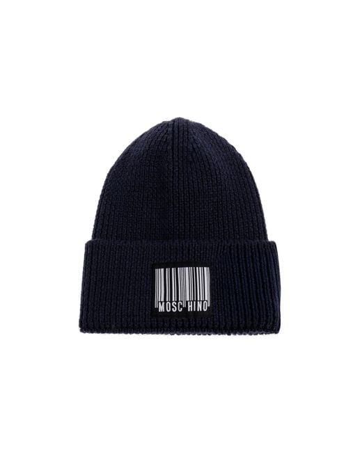 Moschino Blue Wool Beanie With Logo Patch