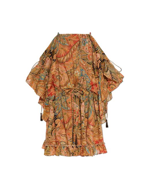 Etro Brown Patterned Off-Shoulder Dress