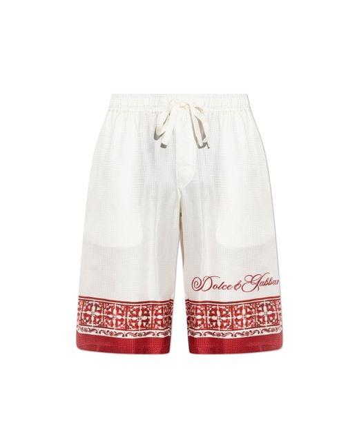 Dolce & Gabbana White Silk Shorts With "Majolica" Print for men