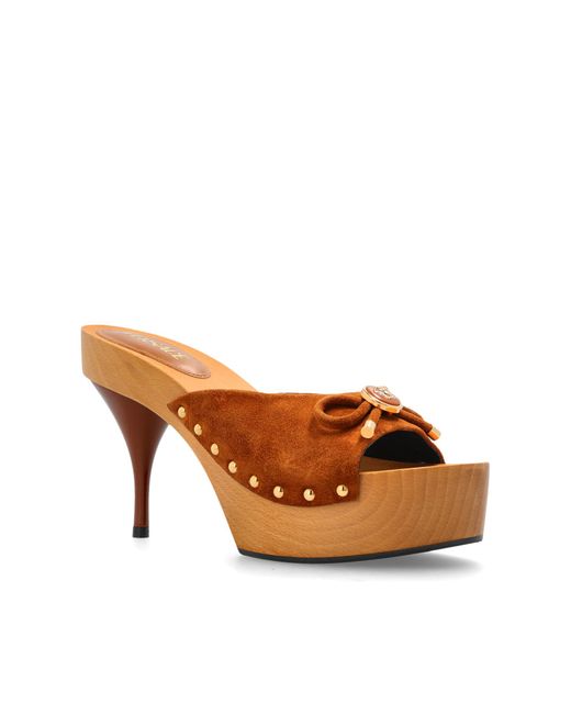 Versace Brown Platform Slides With Medusa Head