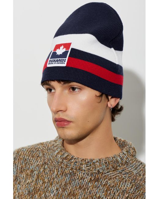 DSquared² Blue Wool Beanie With Sewn-On Logo for men