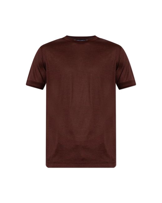 Dolce & Gabbana Brown Silk T-Shirt With Logo Patch for men