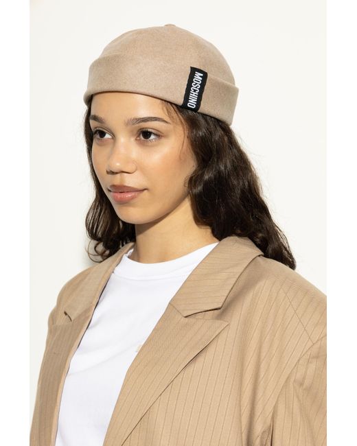 Moschino Natural Cotton Beanie With Logo Patch