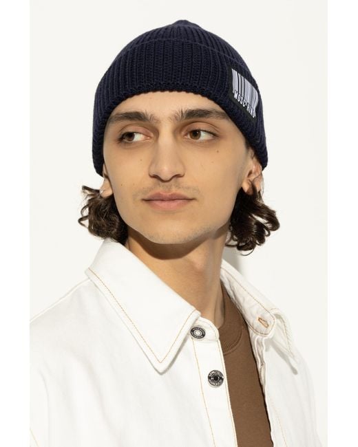 Moschino Blue Wool Beanie With Logo Patch