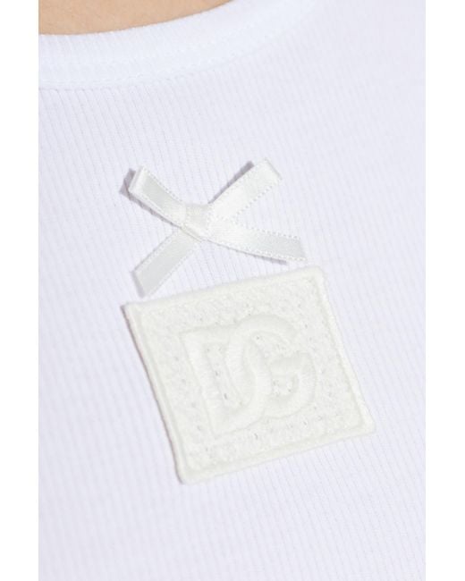 Dolce & Gabbana White Ribbed Top With Logo Patch