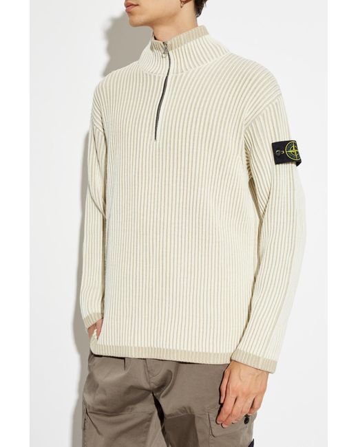 Stone Island White Ribbed Sweater for men