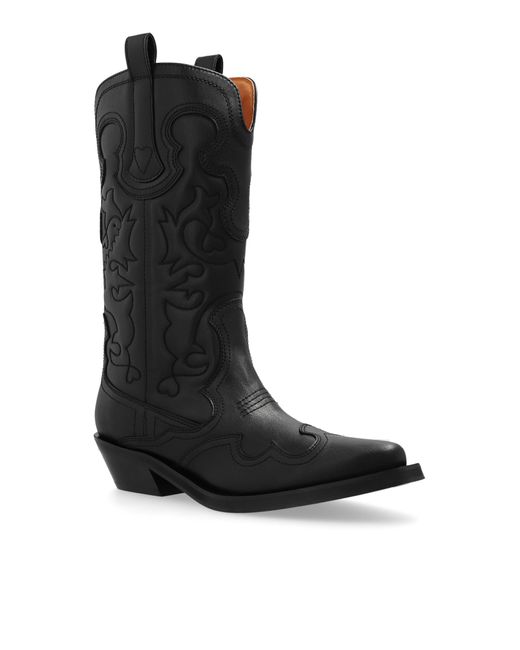 Ganni Black Cowboy Boots With A Pattern,