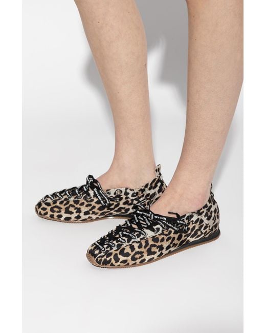 Ganni Black Lace-Up Ballerinas With Animal Print