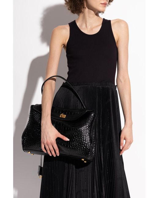 Balenciaga Black Crocodile-Embossed Leather Shoulder Bag