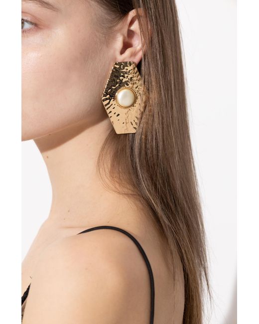Self-Portrait Natural Brass Earrings With Glass Pearl