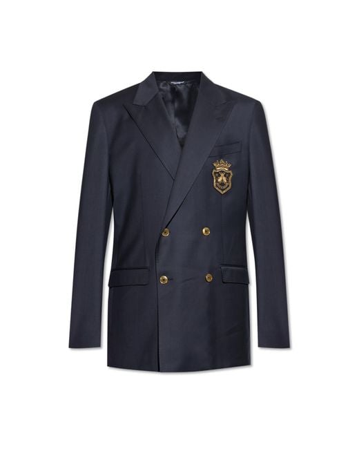 Dolce & Gabbana Blue Wool Blazer With Appliqué for men