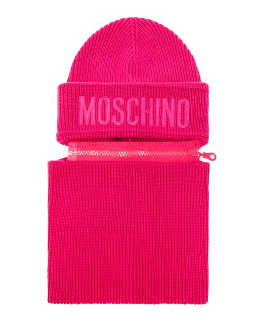 Moschino Pink Beanie With Detachable Tube Scarf,