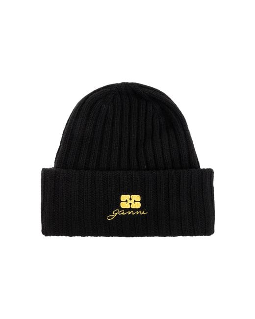 Ganni Black Cap With Embroidered Logo