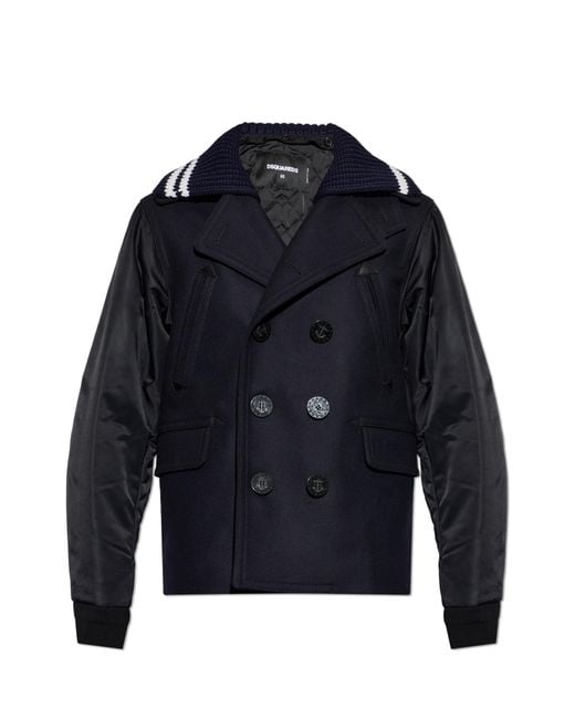DSquared² Blue Short Double-Breasted Coat Made Of Combined Materials for men