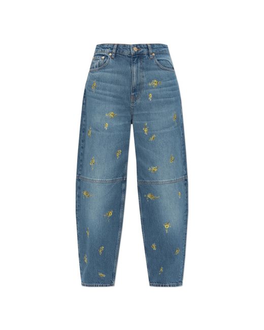 Ganni Blue Jeans With Floral Motif