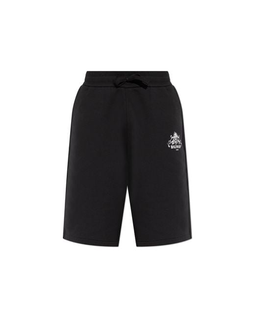 Balmain Black Cotton Shorts With Printed Logo for men