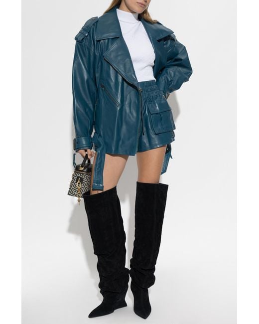 Balmain Blue Leather Jacket With Belt