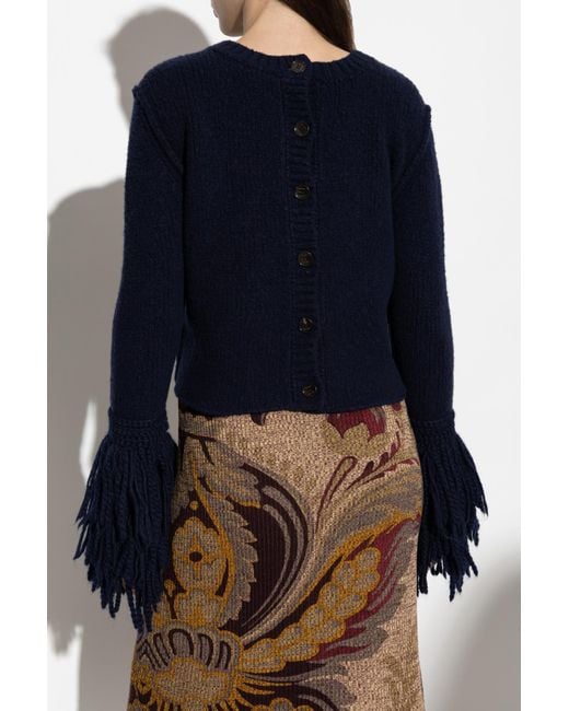 Etro Blue Sweater With Fringes On The Sleeves