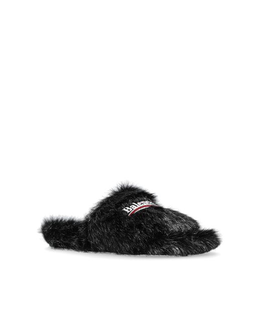 Balenciaga Black Faux Fur Slides,