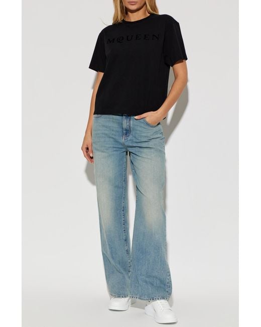 McQueen Black T-Shirt With A Logo And A Velvety Finish