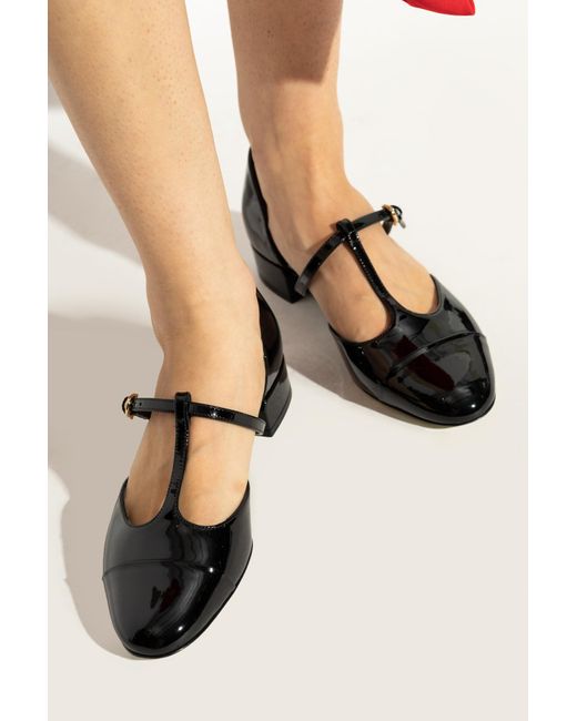 Ferragamo Black Linette T-Bar Patent Pumps