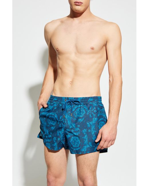Versace Blue Swim Shorts With 'Barocco' Pattern for men