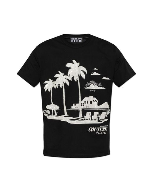 Versace Jeans Couture Black T-Shirt With Print And Shimmering Sequins for men
