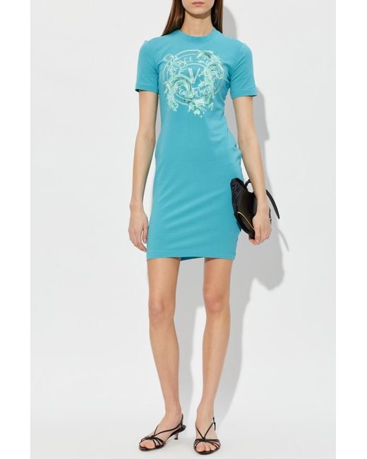 Versace Jeans Couture Blue Dress With Print And Shimmering Sequins
