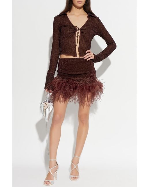 Oseree Brown Skirt With Lurex Thread And Feathers