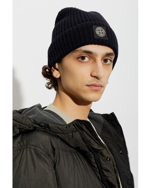 Stone Island Blue Wool Beanie With Patch for men