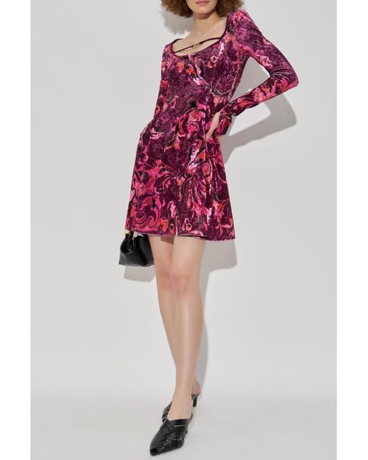 Versace Jeans Couture Red Velvet Dress With Long Sleeves