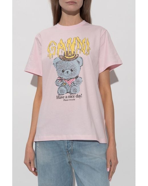 Ganni Pink T-Shirt With A Colorful Print