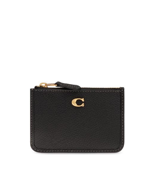 COACH Black Leather Logo Zip Card Case