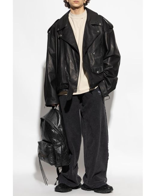 Balenciaga Black Leather Jacket With A Loose Fit, for men
