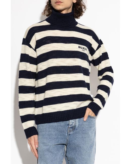 Balmain Blue Wool Turtleneck With Striped Pattern for men