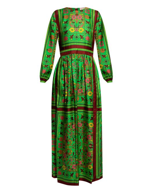 Tory Burch Green Silk Scarf Printed Long Dress Multicolour