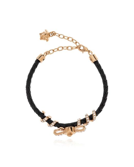 Versace Metallic Leather Bracelet With Shimmering Crystals