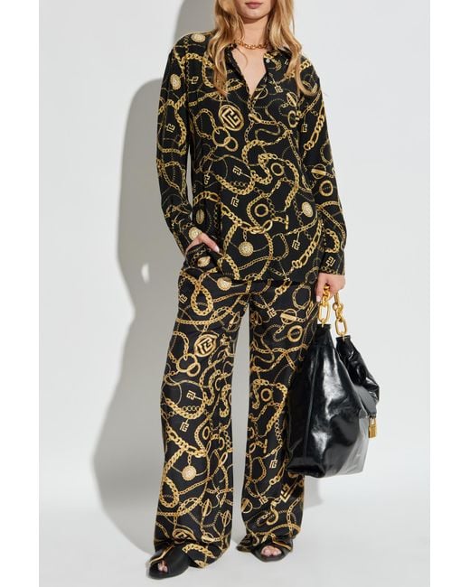 Balmain Black Silk Trousers With Print