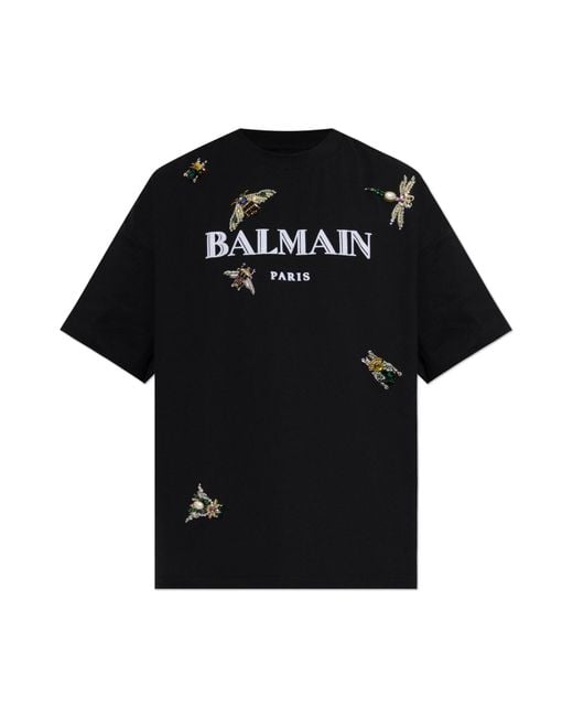 Balmain Black T-Shirt With Logo And Shimmering Appliqués for men