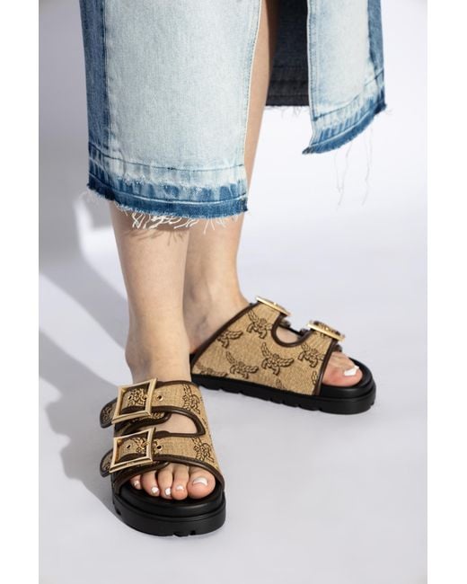 MCM Brown Slides With Visetos Pattern