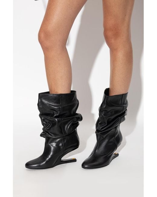 Balmain Black Leather Wedge Ankle Boots