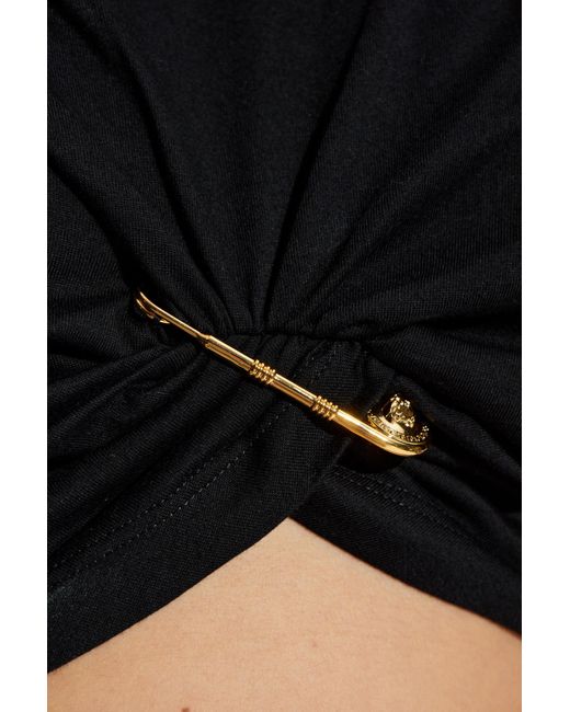 Versace Black T-Shirt With Decorative Safety Pin And Draping