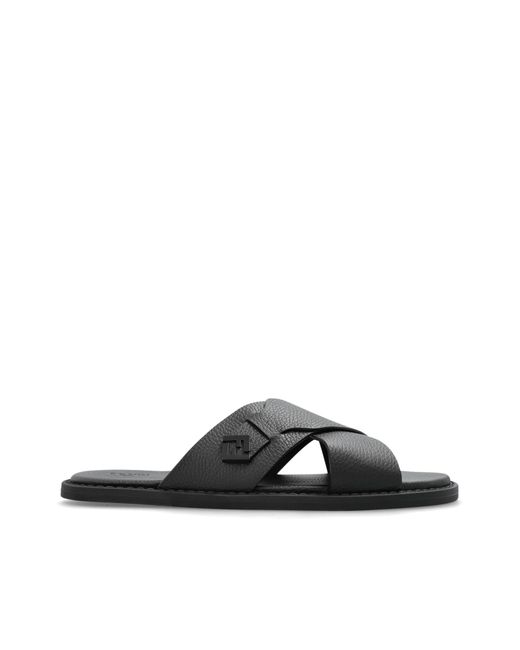 Fendi Black Leather Slides With Logo for men