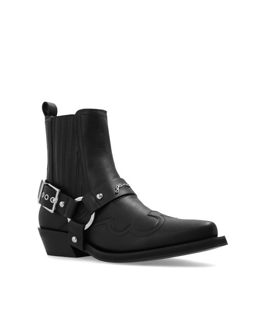 Ganni Black Leather Ankle Boots With Decorative Stitching