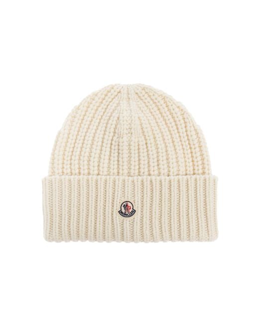 Moncler Natural Wool Beanie With Logo Patch