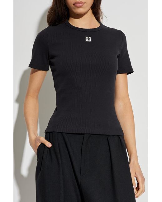 Tory Burch Black Ribbed Top With Logo Patch