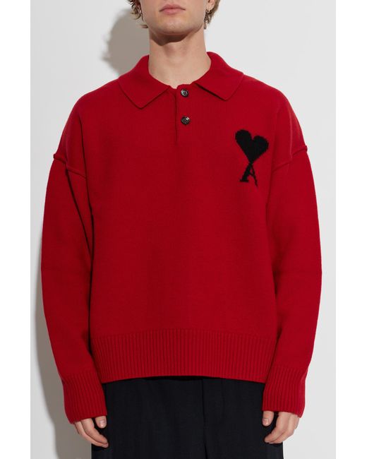 AMI Red Wool Long-Sleeve Polo for men