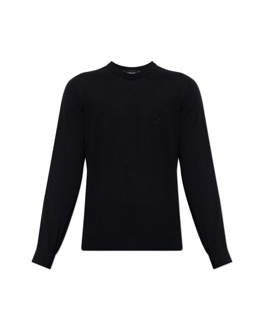 Giorgio Armani Black Wool Sweater With Embroidered Logo for men