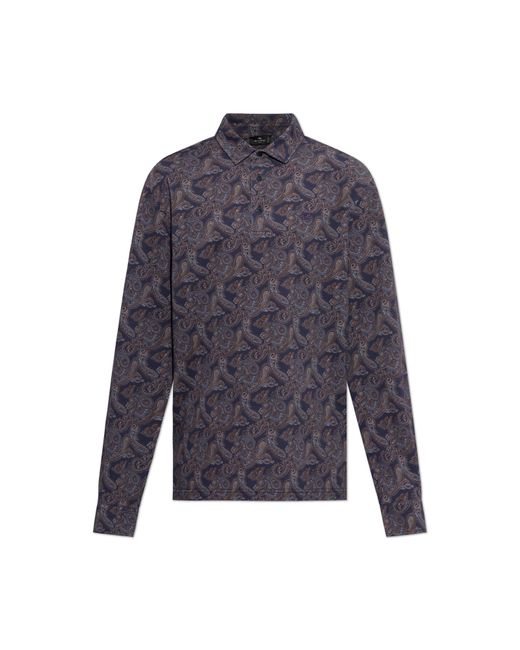 Etro Blue Patterned Polo Shirt With Long Sleeves for men