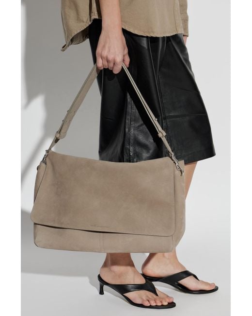 AMI Gray Leather Shoulder Bag With Logo